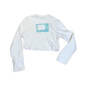 y2k upcycled handmade white long sleeve crop top with retro graphic - Size 1XL